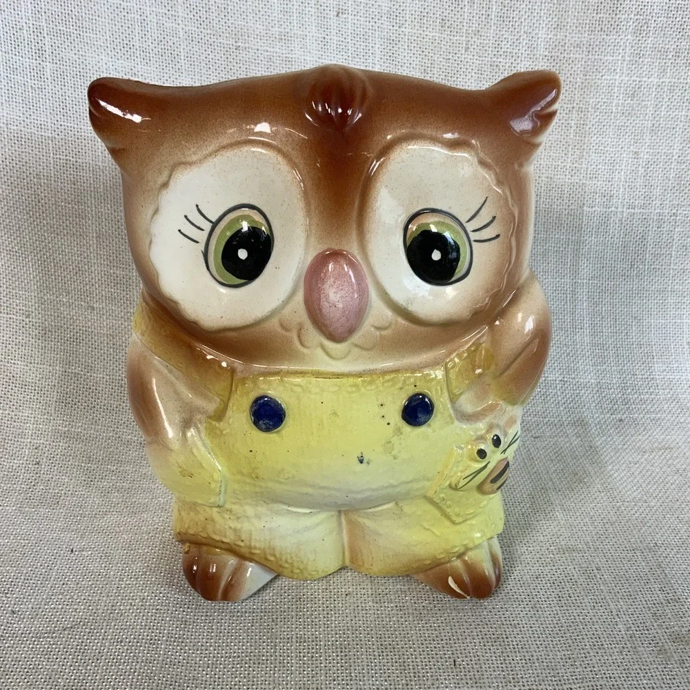 Vintage‎ Owl In Overalls Planter Anthropomorphic Kitschy 5 3/8